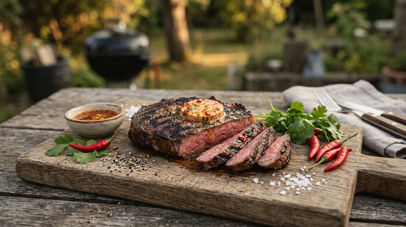 Gegrilde ribeye met rode peperboter