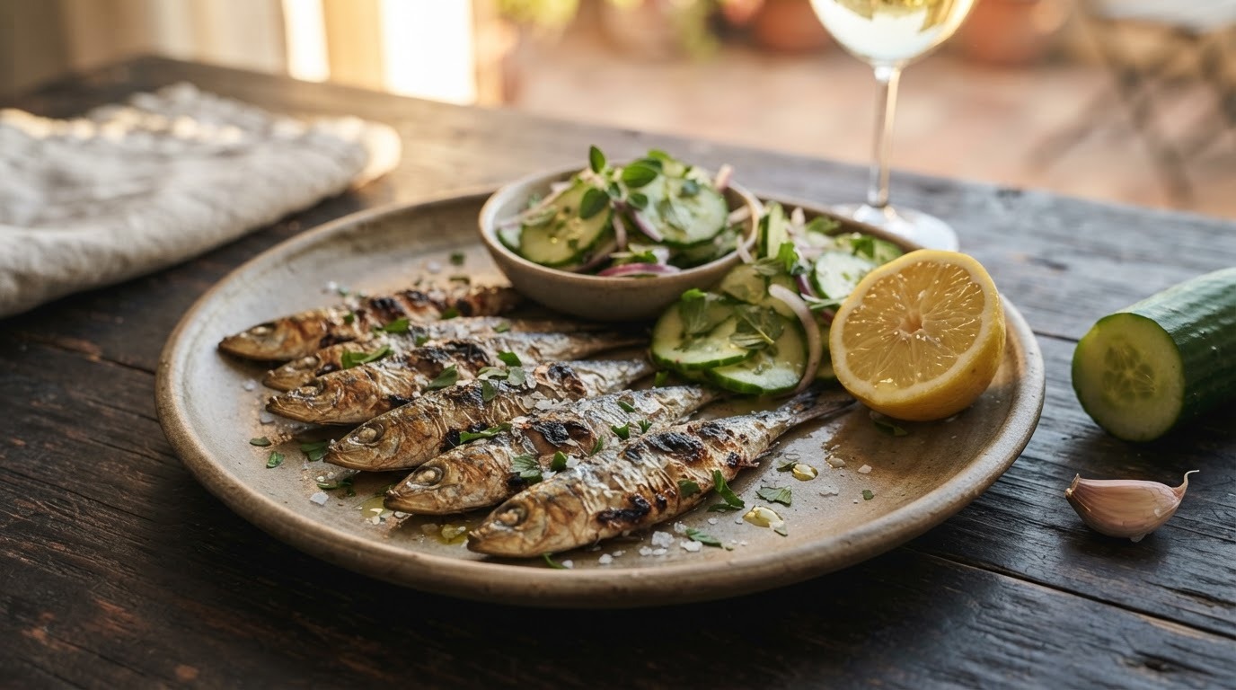 Gegrilde sardines met komkommer