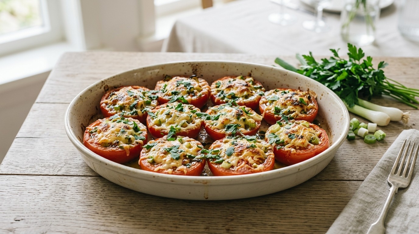 Gegrilde tomatenschotel met kruiden en kaas