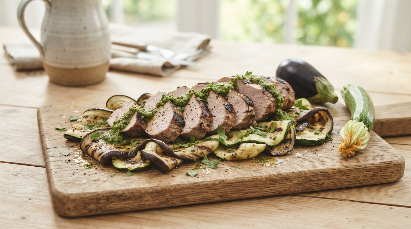 Gegrilde varkenshaas met aubergine en courgette