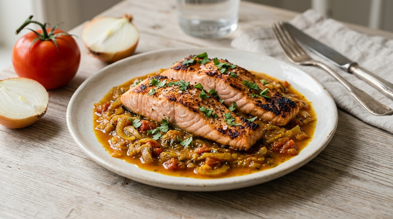 Gegrilleerde Zalm met Kerrie-tomatensaus