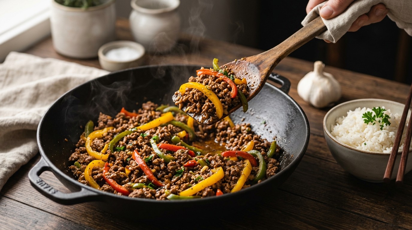 Gehakt met paprika in de wok