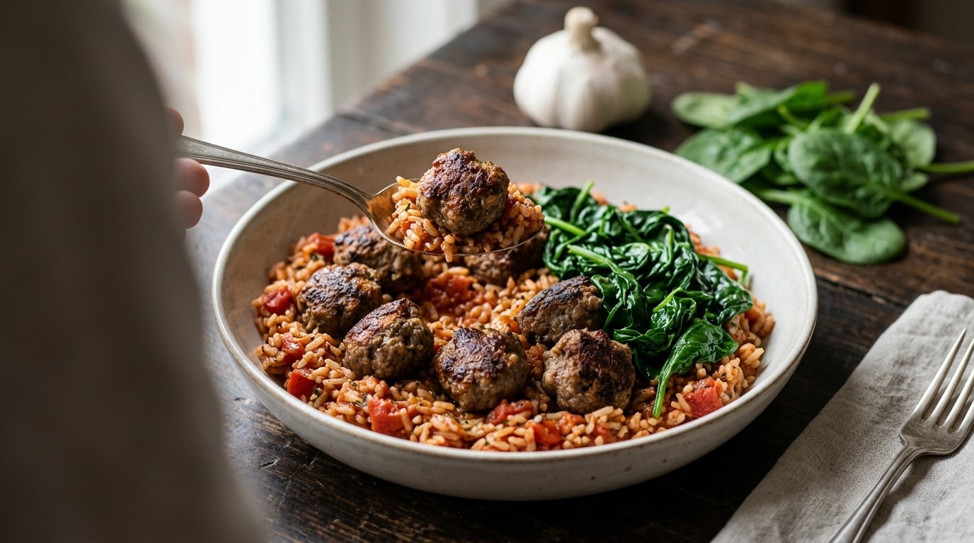 Gehaktballen met Tomatenrijst en Spinazie