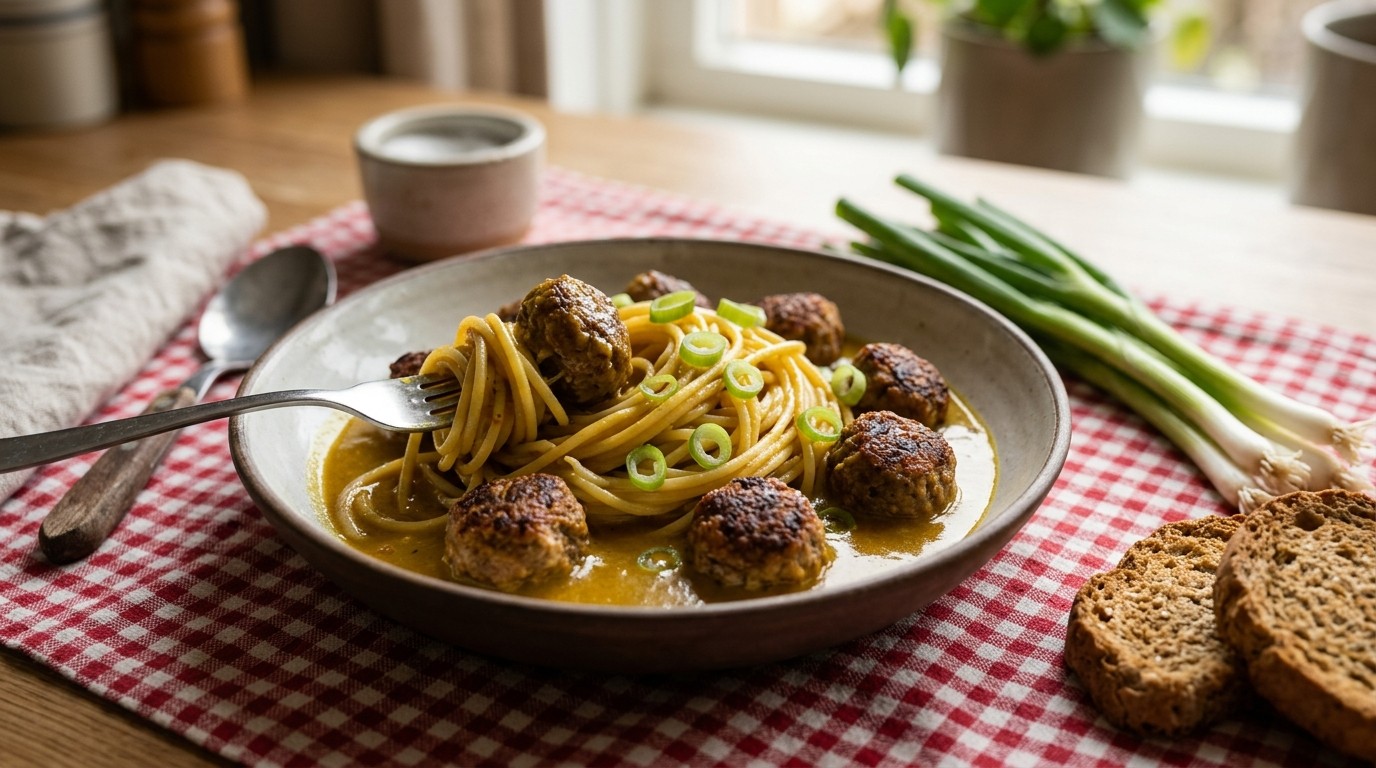Gehaktballetjes met spaghetti en kerriesaus