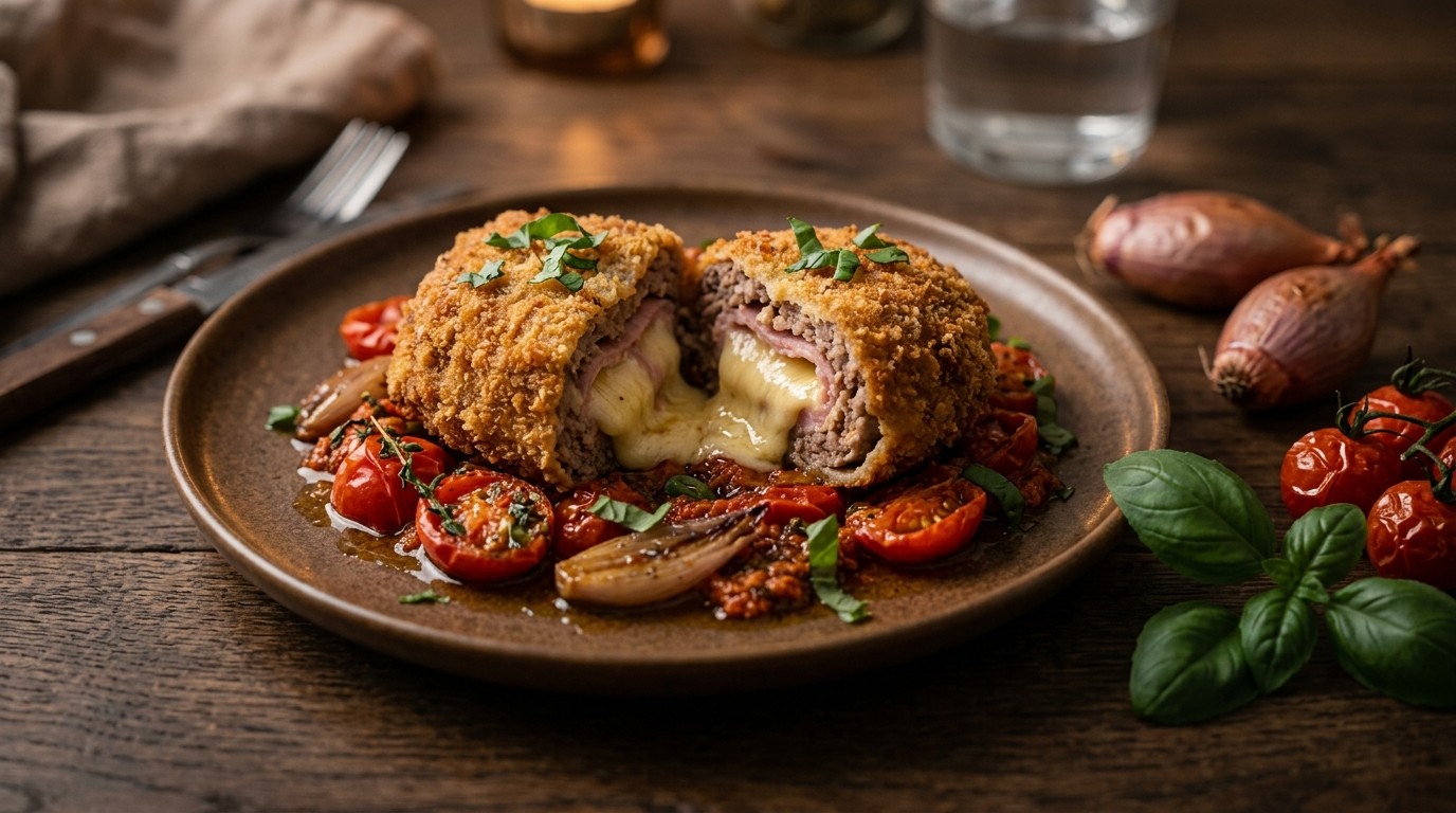 Gehaktcordon bleu op tomatenbedje