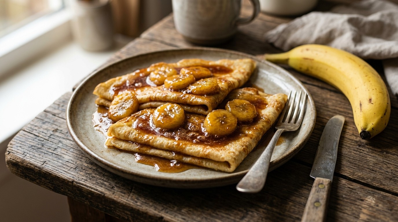 Gekarameliseerde pannenkoeken met banaan