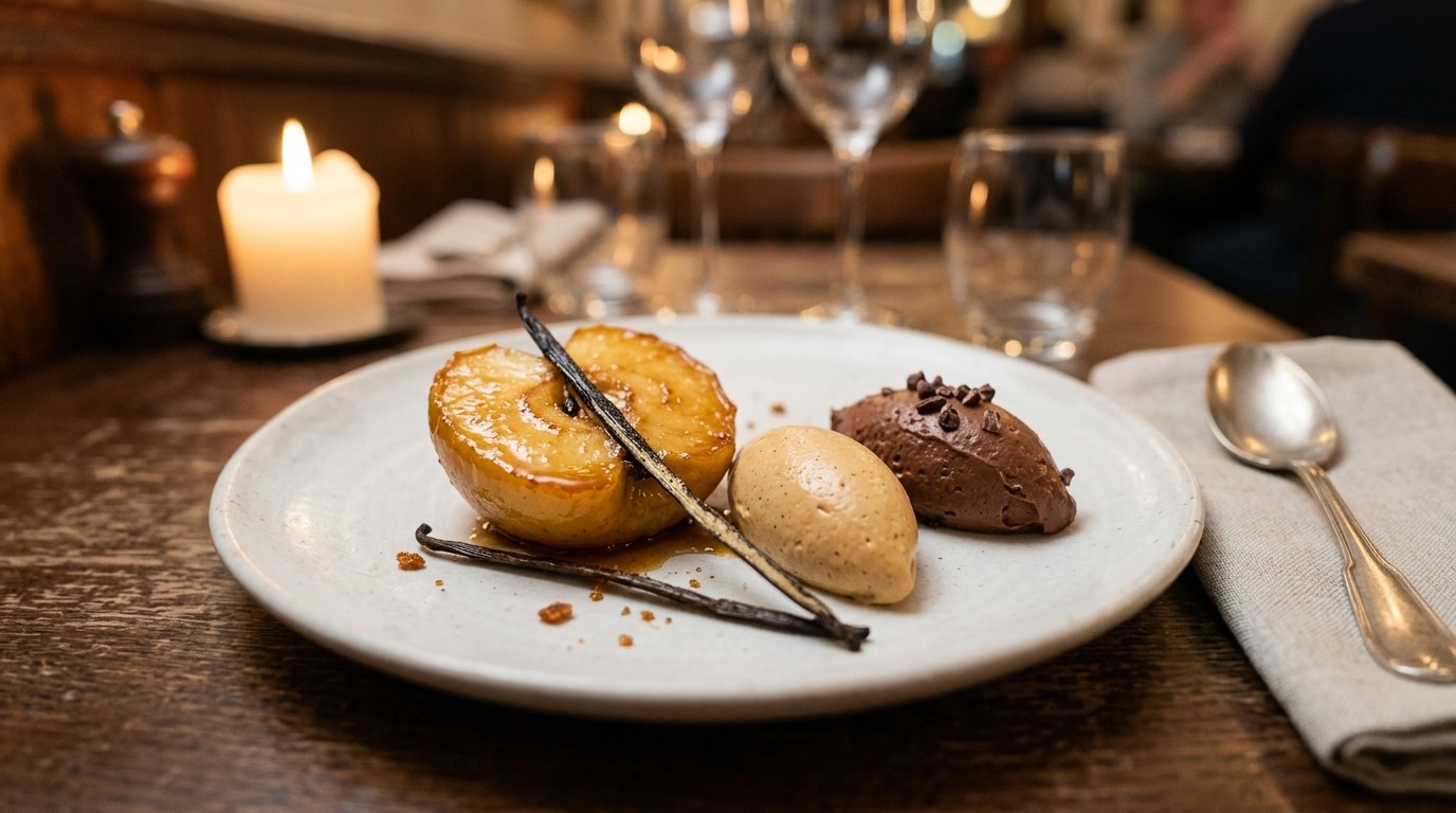 Gekaramelliseerde appel met warme chocolademousse
