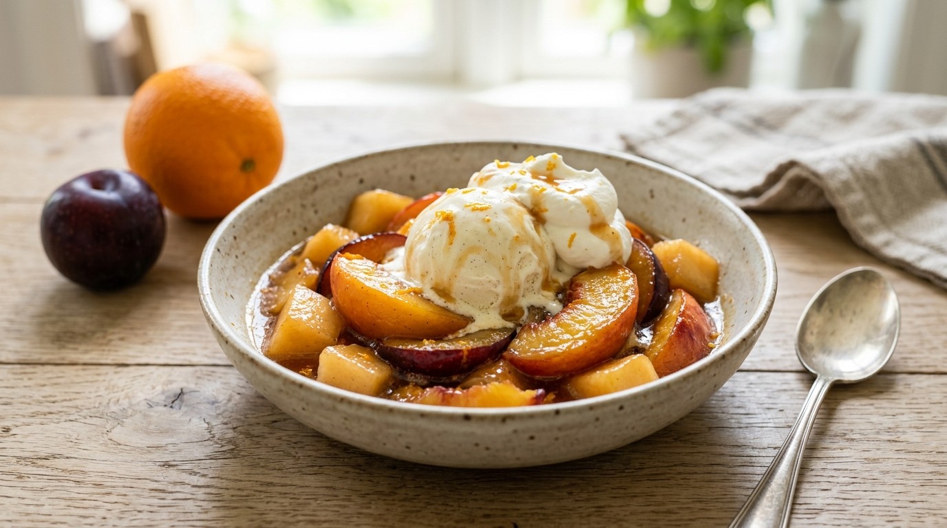 Gekarmalliseerd fruit met ijs en slagroom