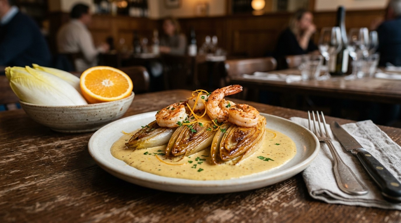 Gekonfijt witlof met scampi
