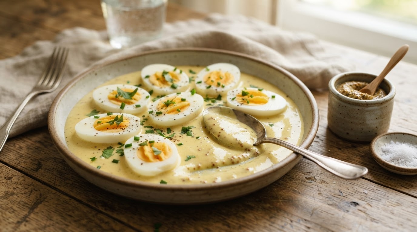 Gekookte eieren in mosterdsaus