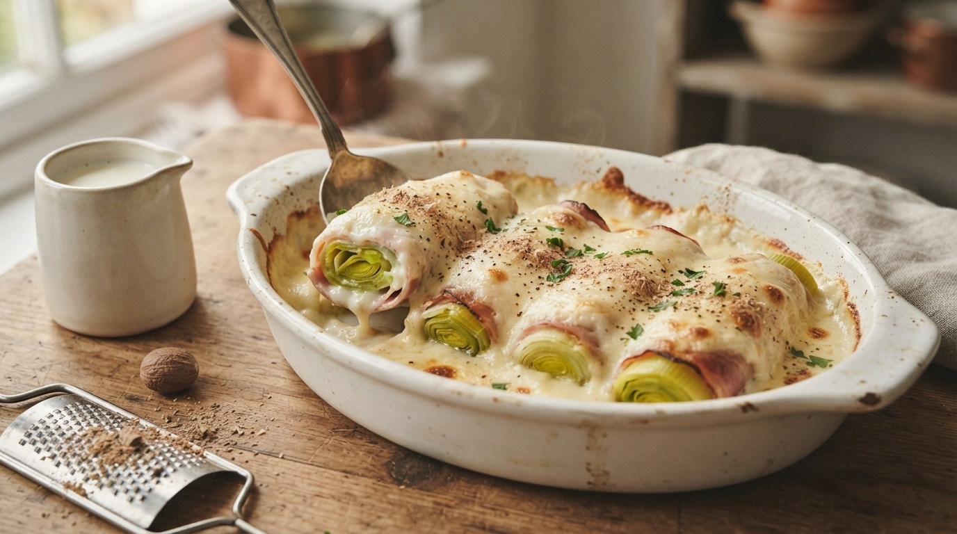 Gekookte prei met ham en kaassaus