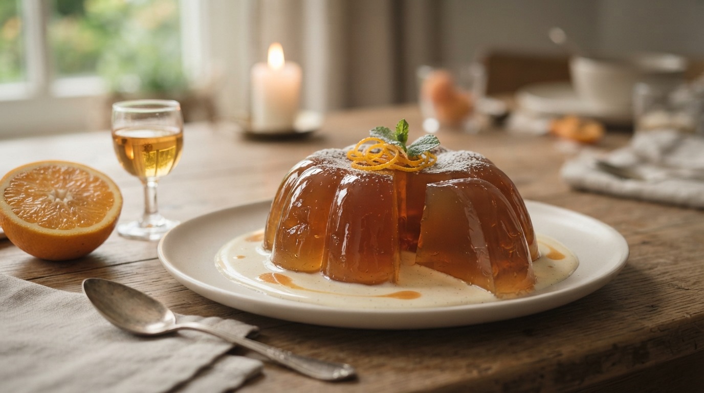 Gelatine pudding van vruchtensap en abrikozenwijn