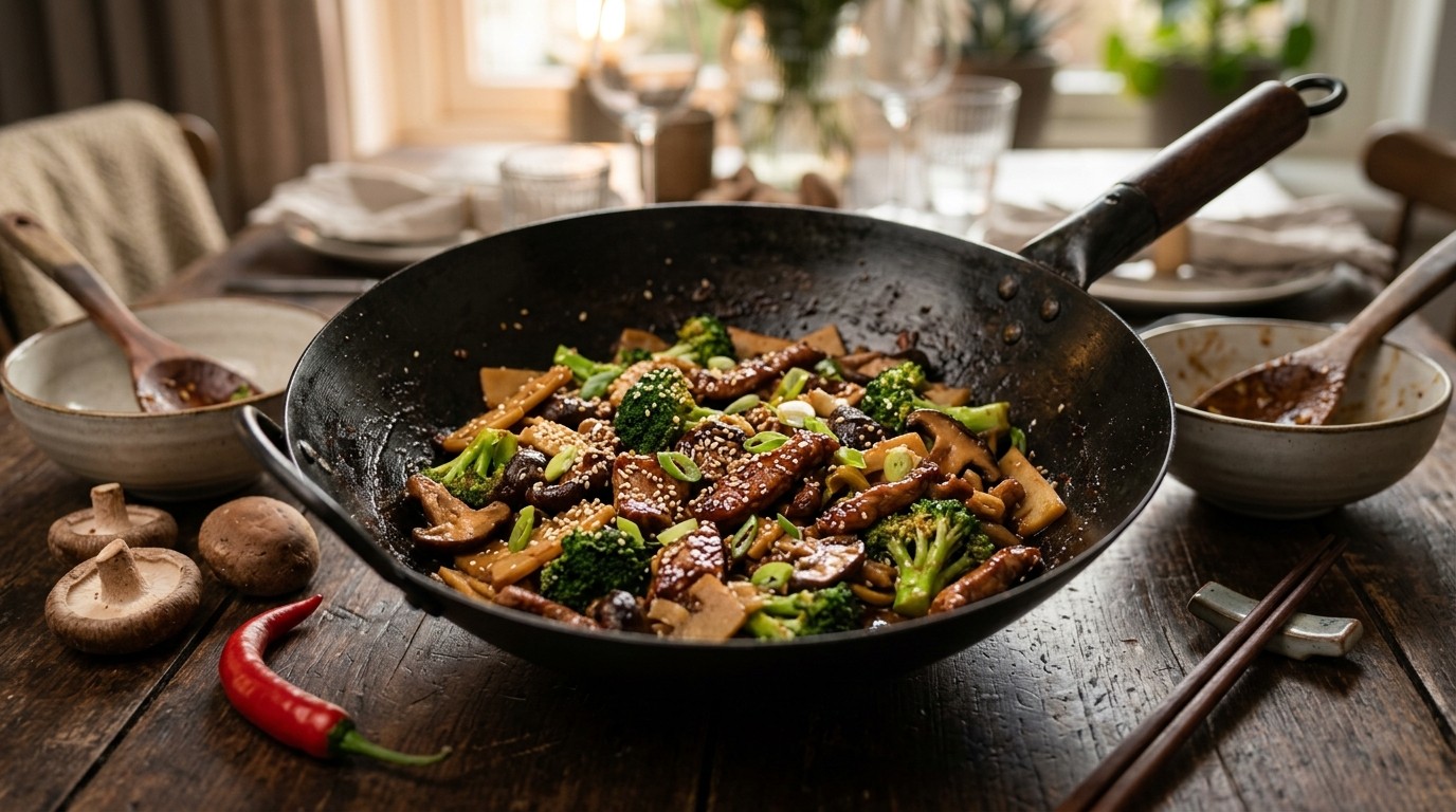 Gemarineerd varkensvlees uit de wok met broccoli en shiitake