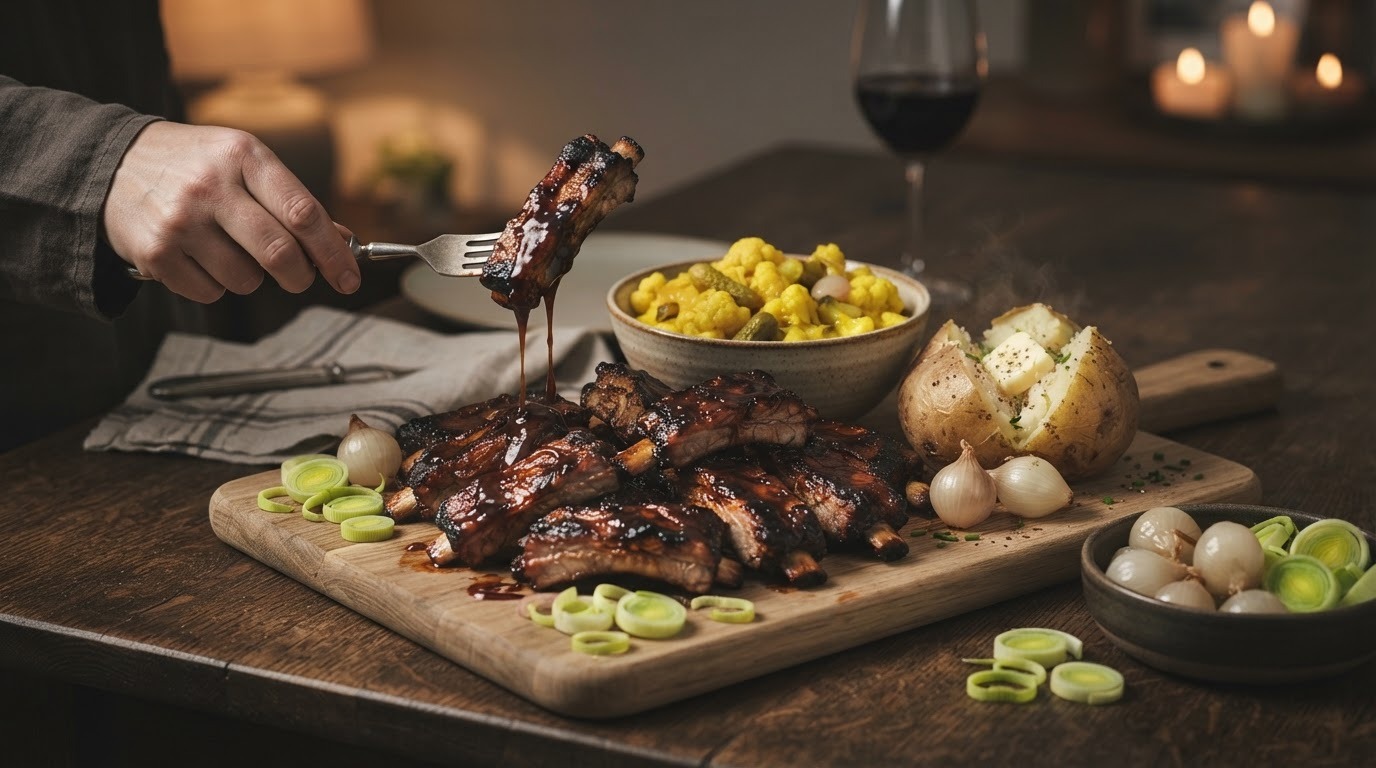gemarineerde spare-ribs met piccalilly, prei en zilveruitjes