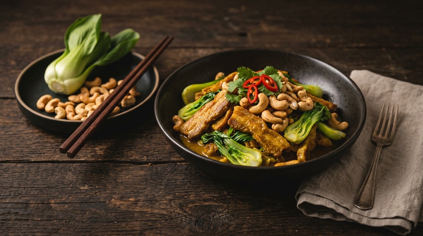 Gemarineerde speklapjes uit de wok met kerrie-paksoi en cashewnoten