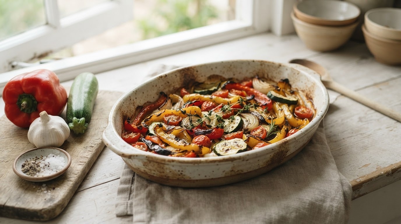 Gemengde groente uit de oven met paprika, courgette, knoflook en cherrytomaatjes