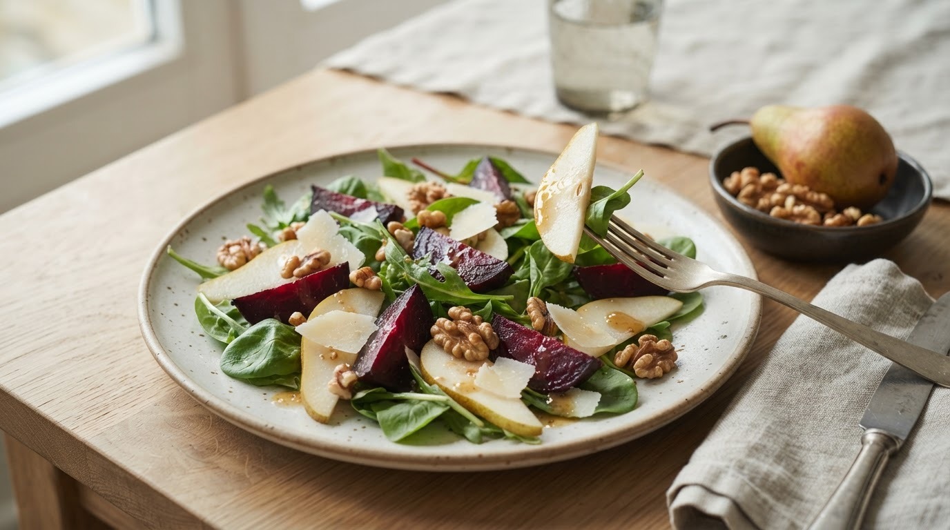 Gemengde salade met bieten en peer