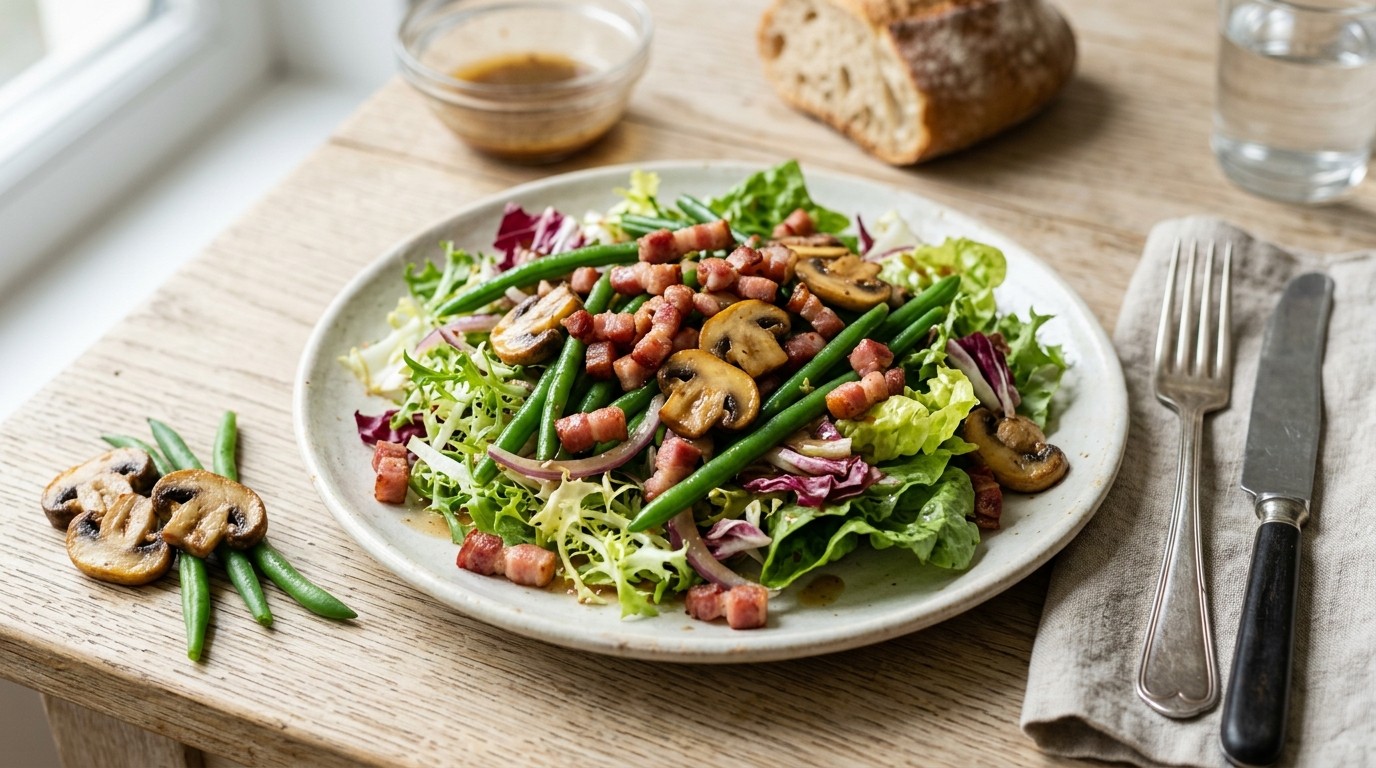 Gemenge salade met spek, boontjes en champignons