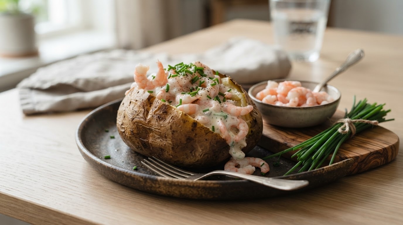 Gepofte aardappel met garnalen