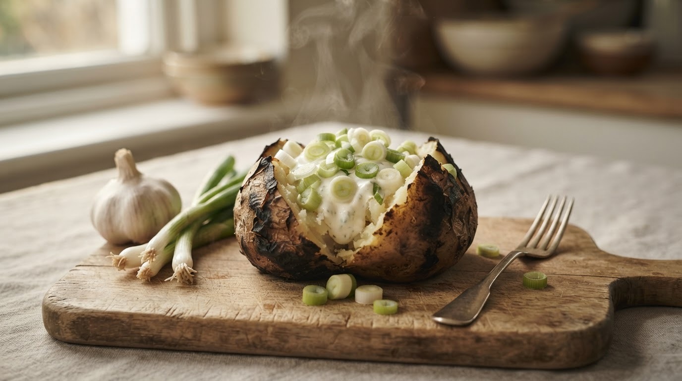 Gepofte aardappel met knoflook en bosui