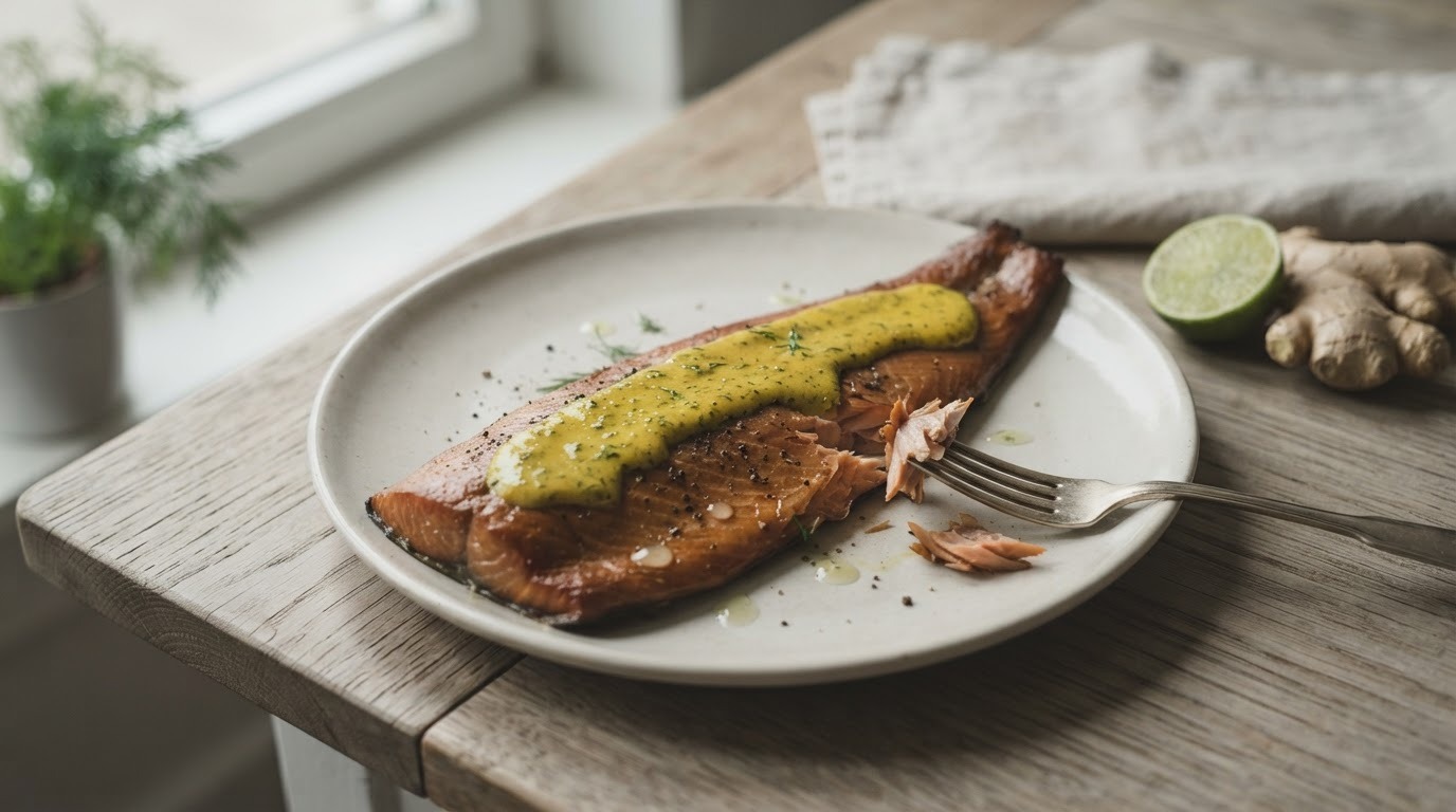 Gerookte forel met gember-kerrie-limoendressing