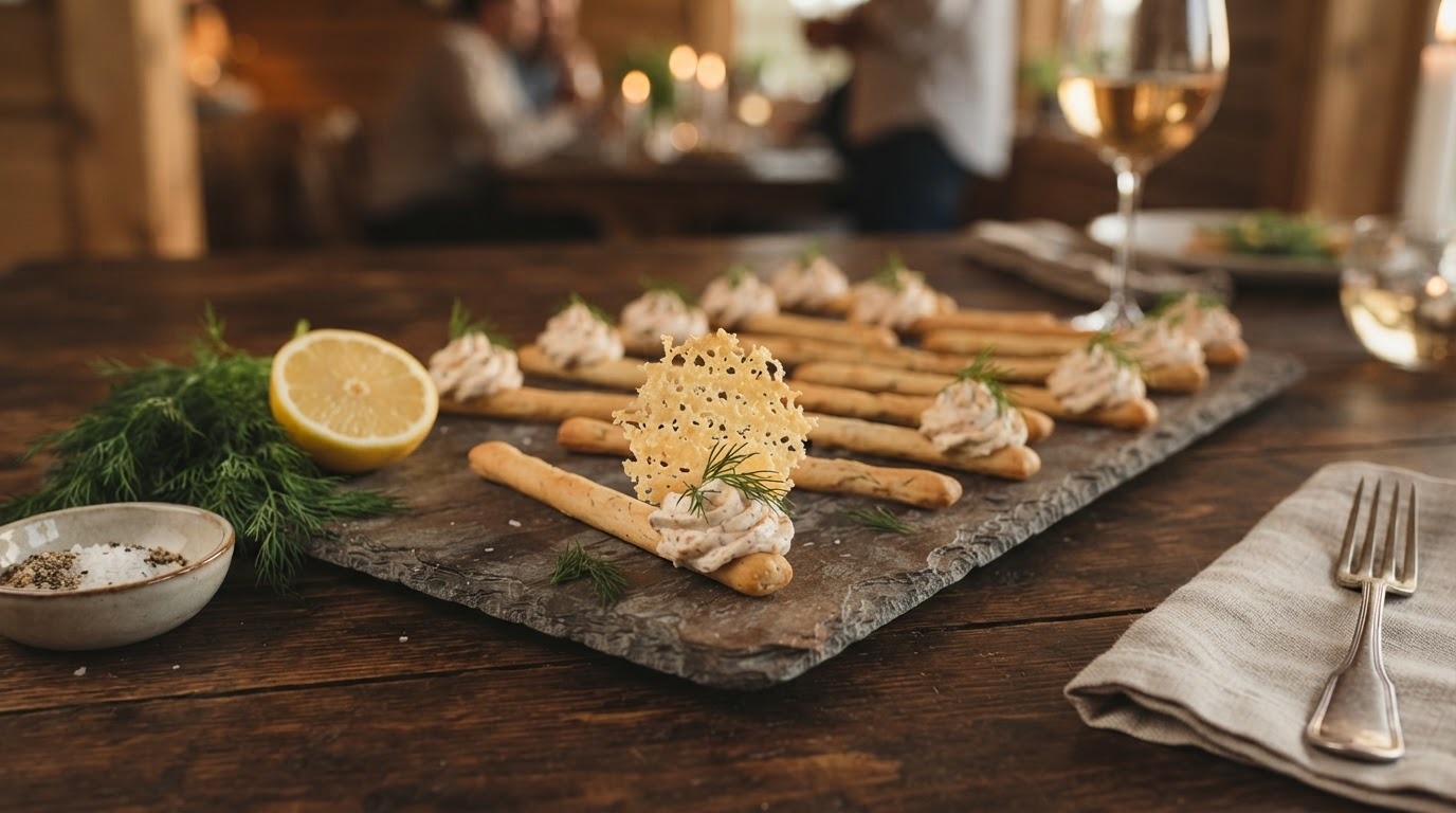 Gerookte forelmayonaise op grissini's met kaaskletskop