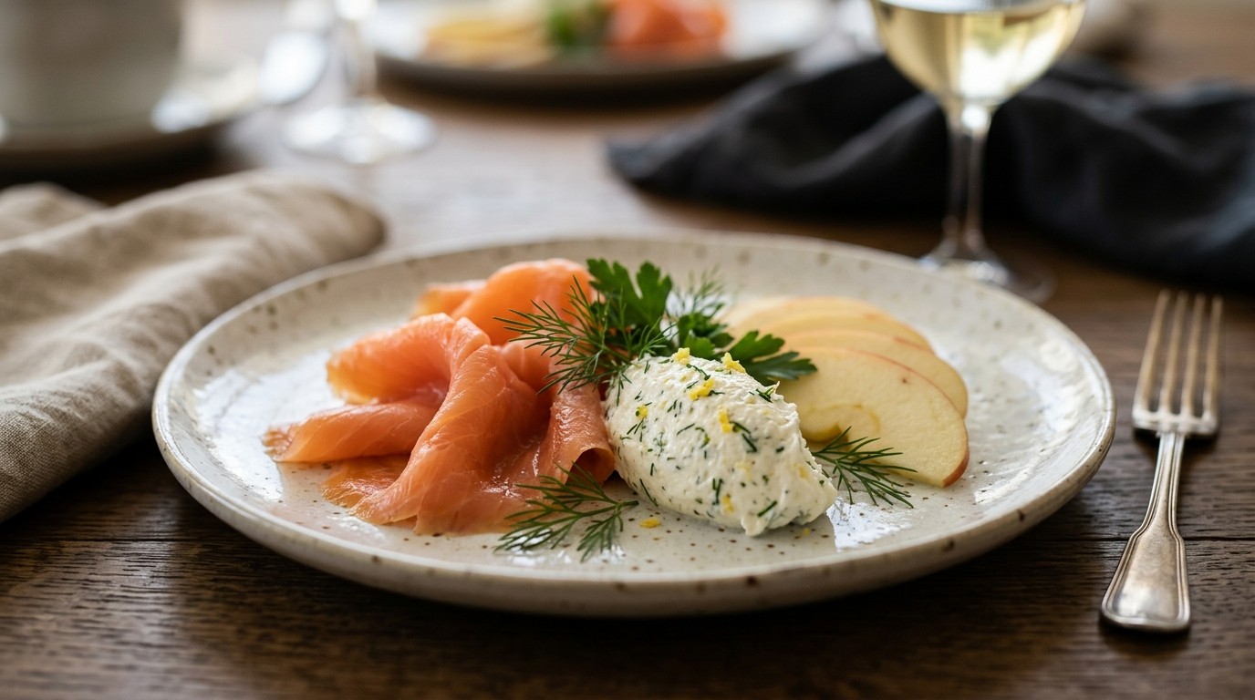 Gerookte Zalm met Citroen-hangop en Appel