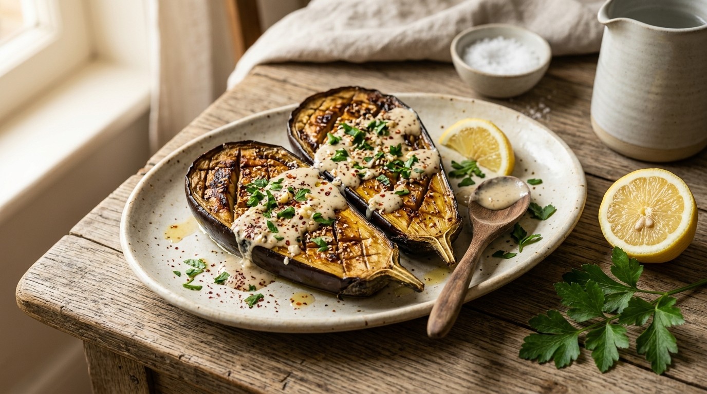 Geroosterde aubergine met knoflooksaus
