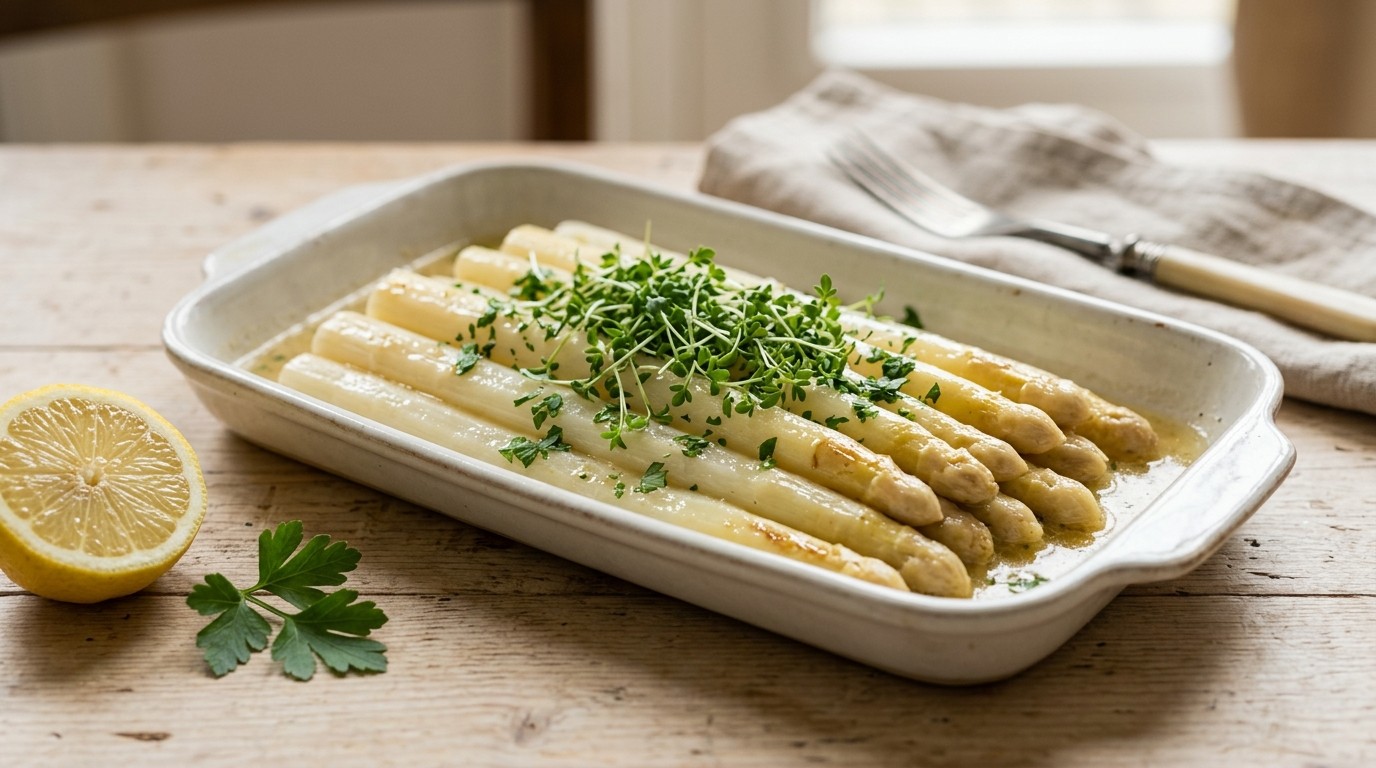 Gestoofde Asperges met Witte Wijn en Tuinkers