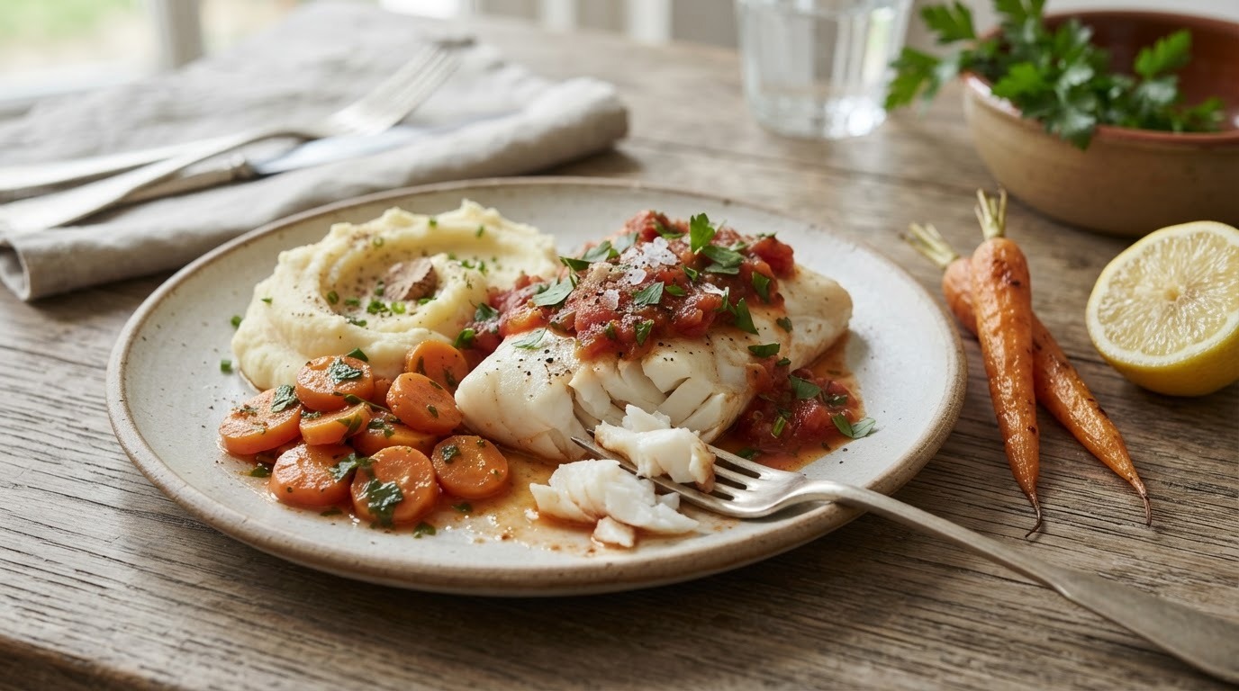 Gestoofde kabeljauw met worteltjes en puree