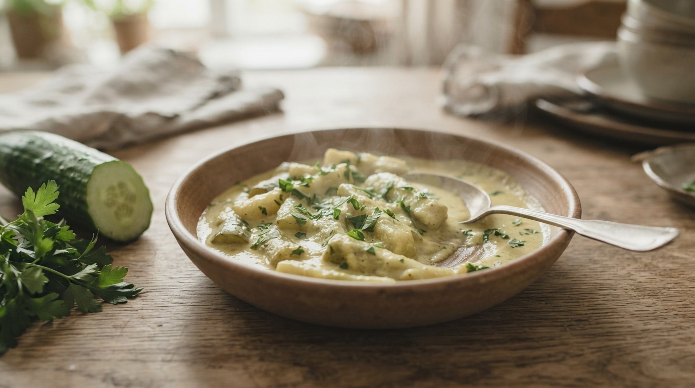 Gestoofde komkommer in kerriesaus