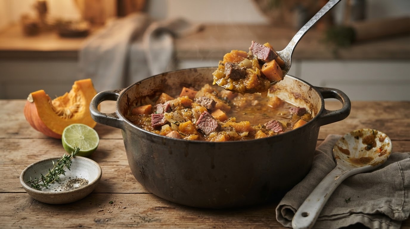 Gestoofde pompoen met gezouten vlees