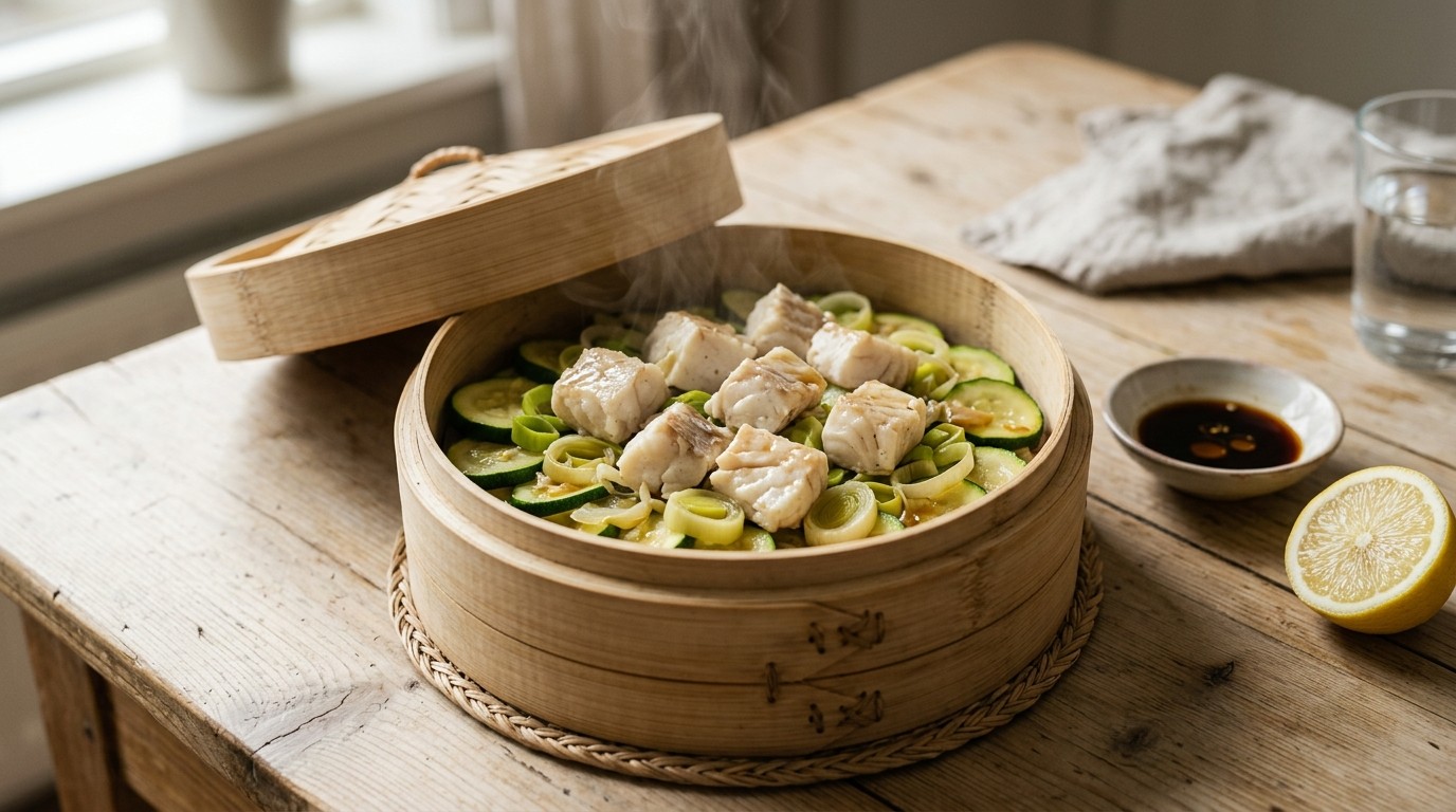 Gestoomde Courgettes, Prei en vis