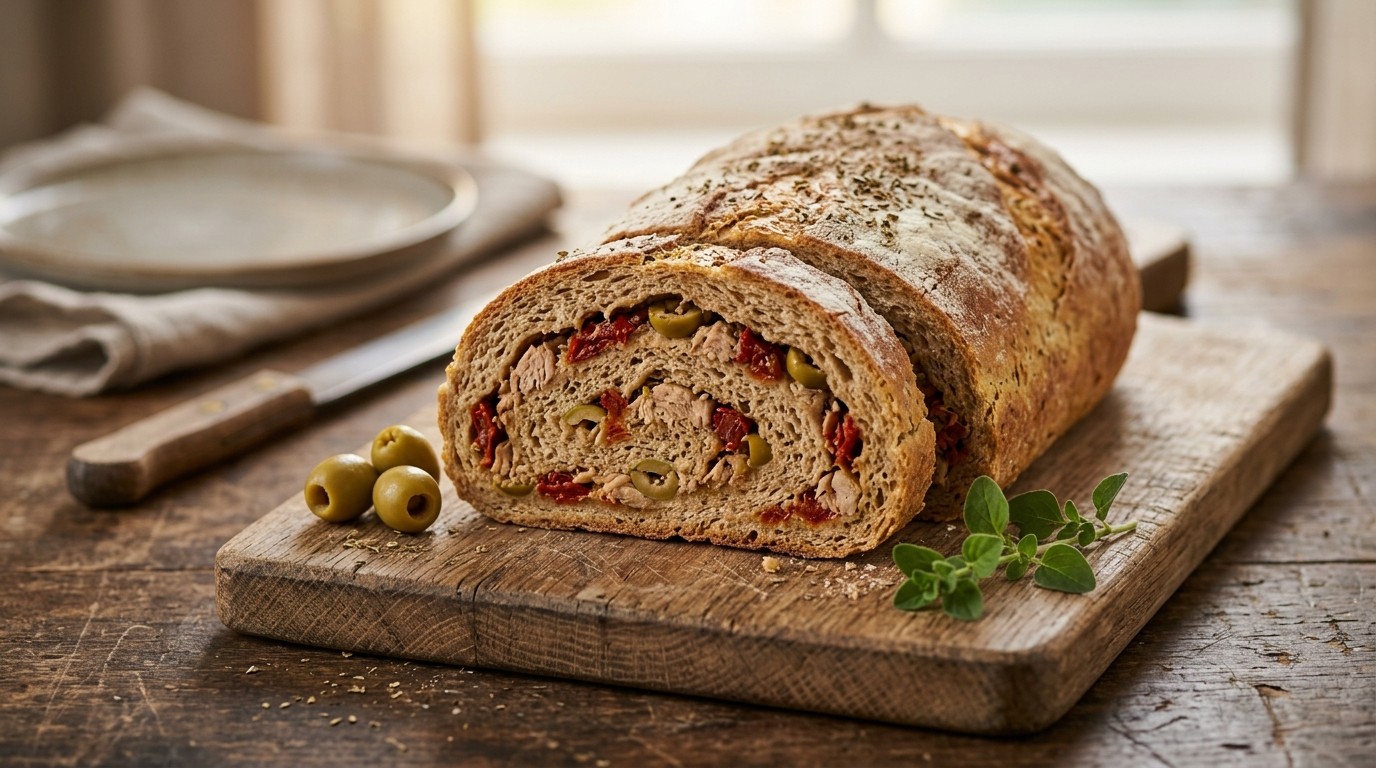 Gevuld Brood met Gedroogde Tomaten, Groene Olijven en Tonijn