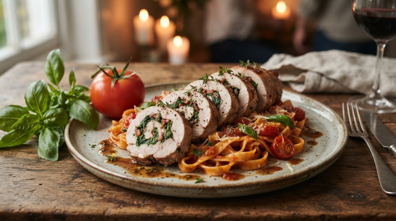 Gevuld konijn met pasta en tomaat