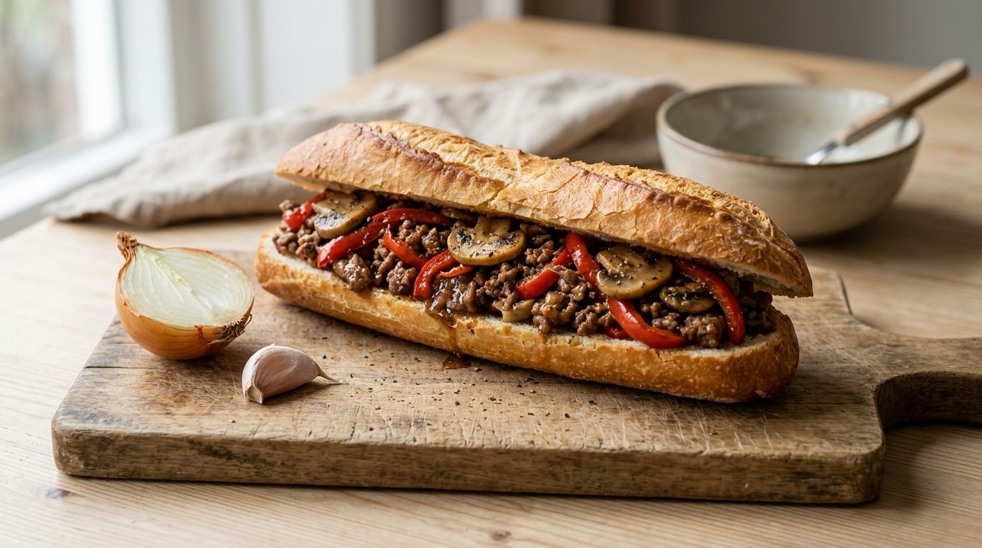 Gevuld Stokbrood het Gehakt, Paprika en Champignons