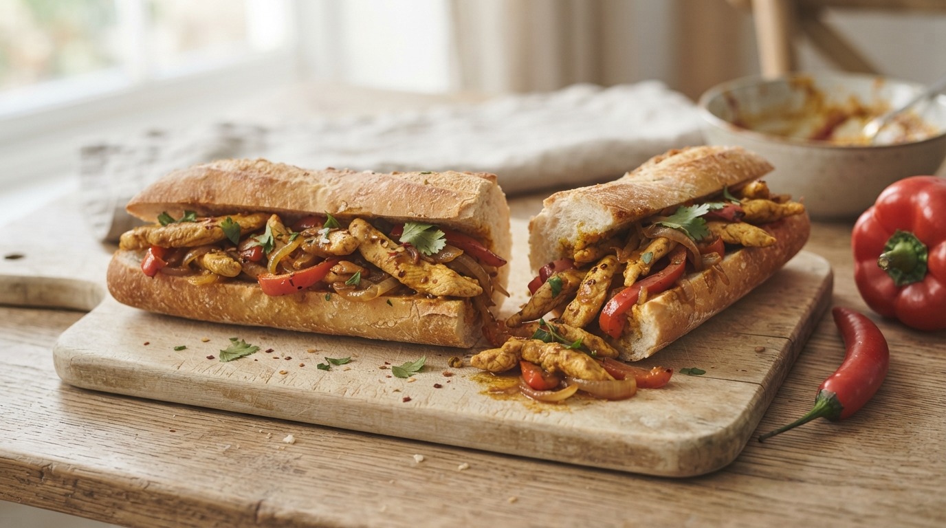 Gevuld stokbrood met hete kip, uitjes en paprika