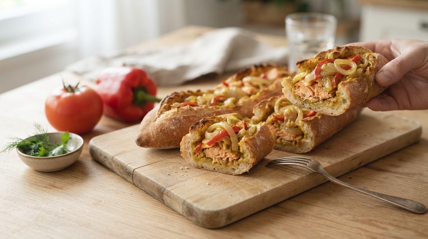 Gevuld stokbrood (met zalm, uitjes en paprika)