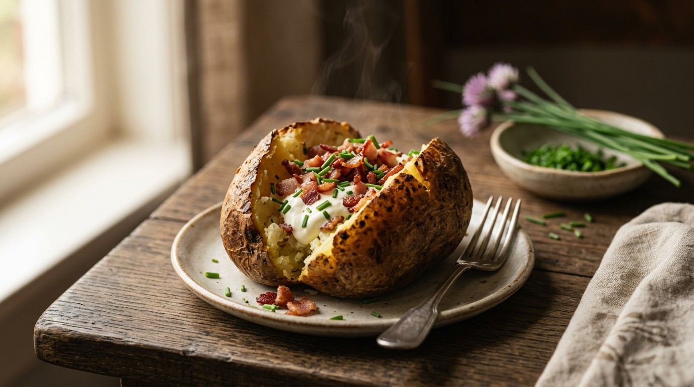 Gevulde aardappel met spek en creme fraiche