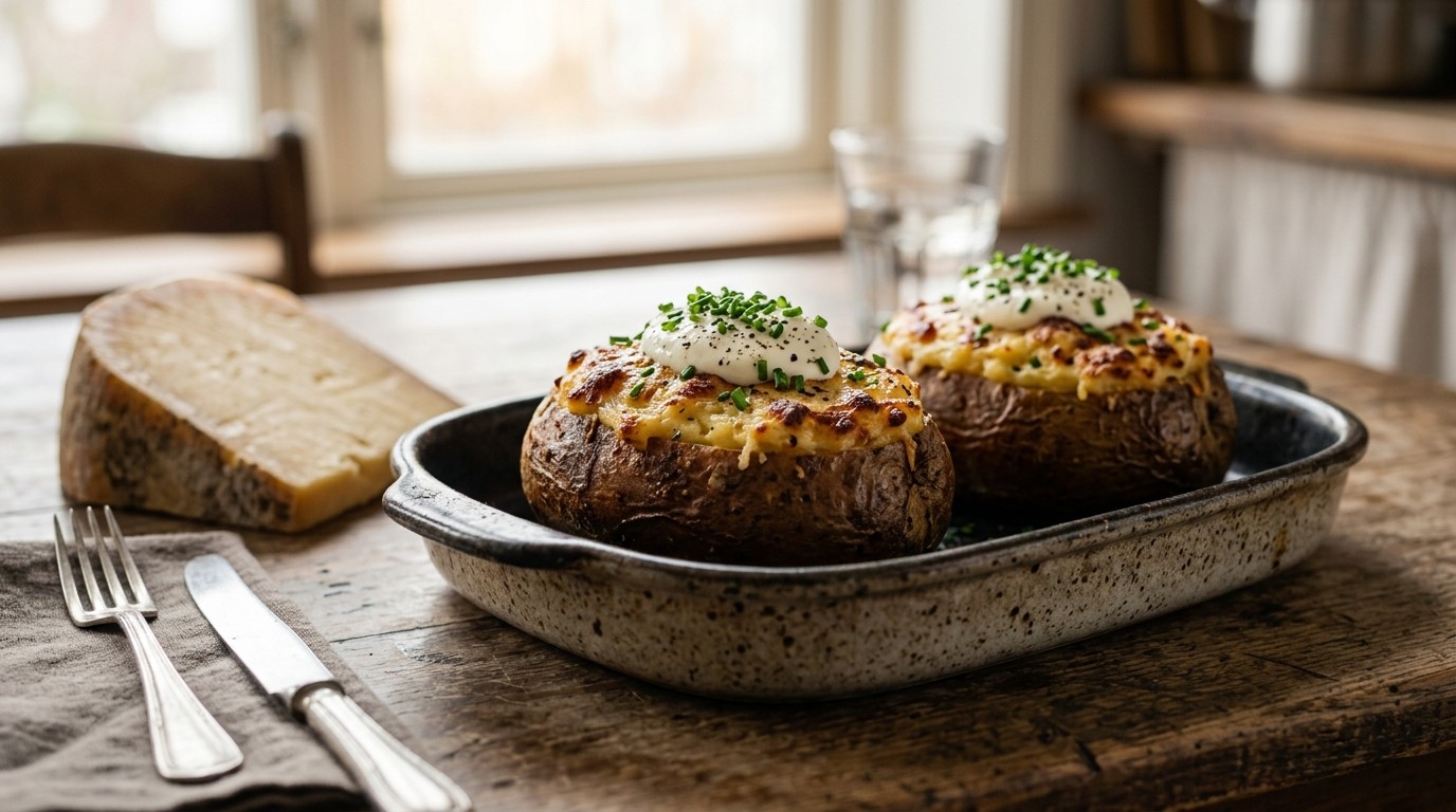 Gevulde aardappelen met oude kaas en creme fraiche