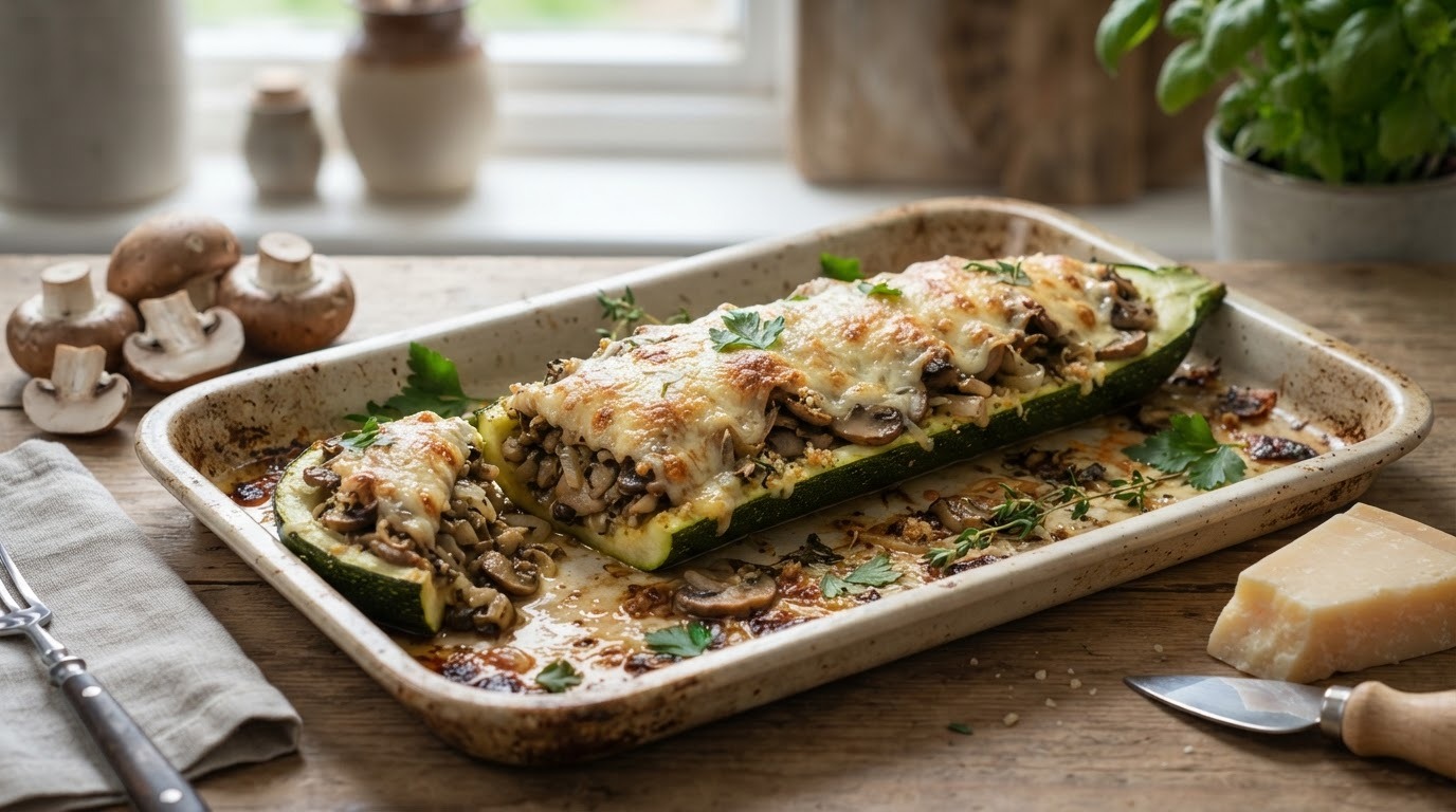 Gevulde courgette met champignons en geraspte kaas