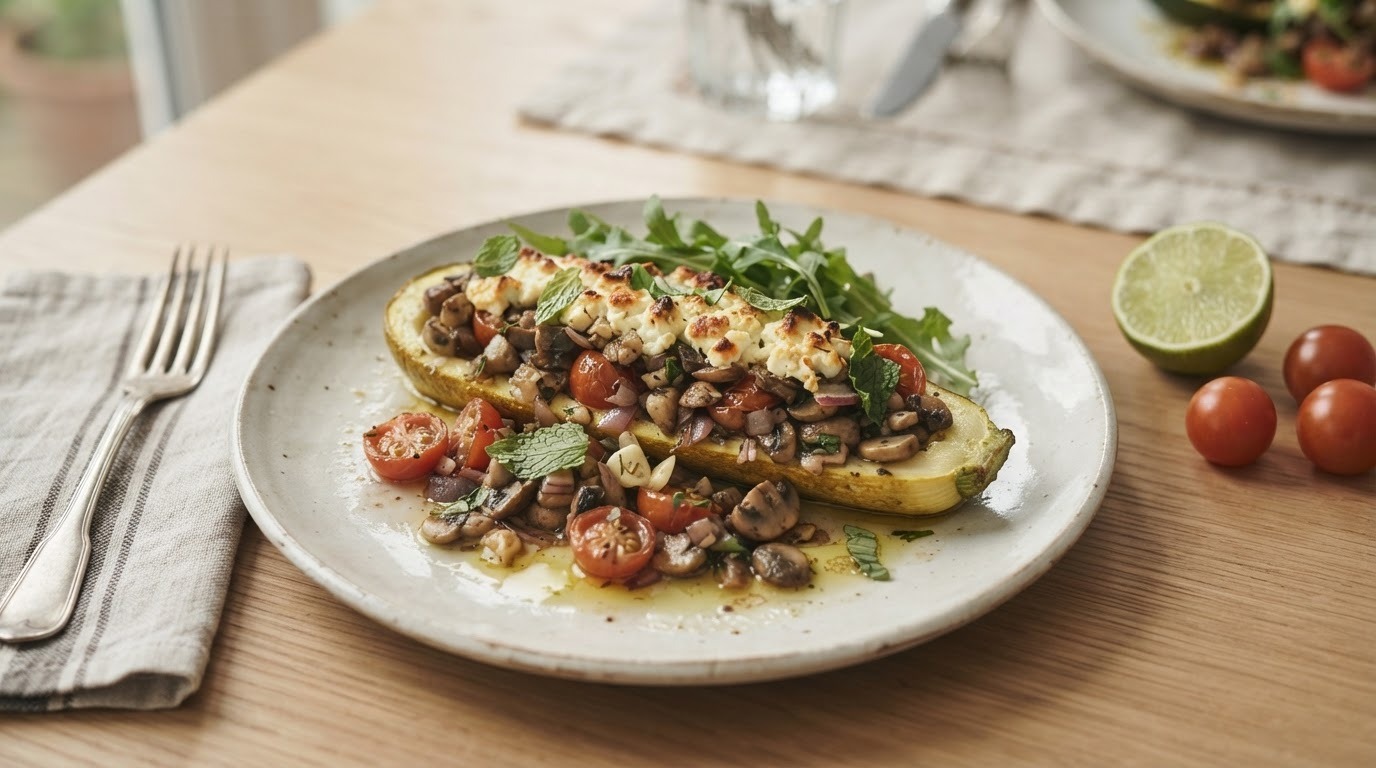 Gevulde courgette met champignons, feta en romana tomaatjes