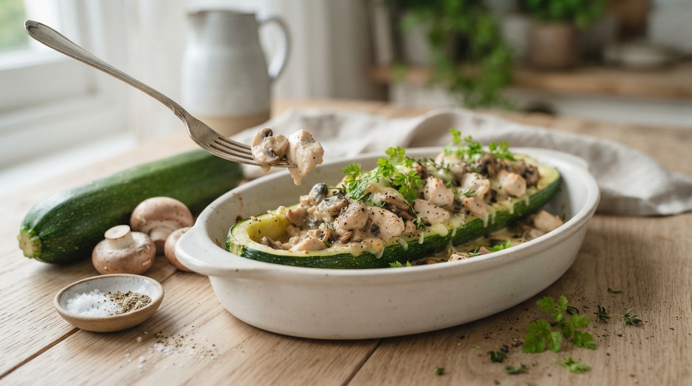 Gevulde courgette met kip en champignons