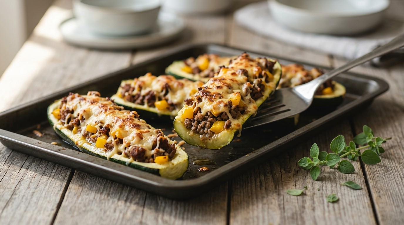 Gevulde courgette met rundergehakt, paprika en geraspte kaas