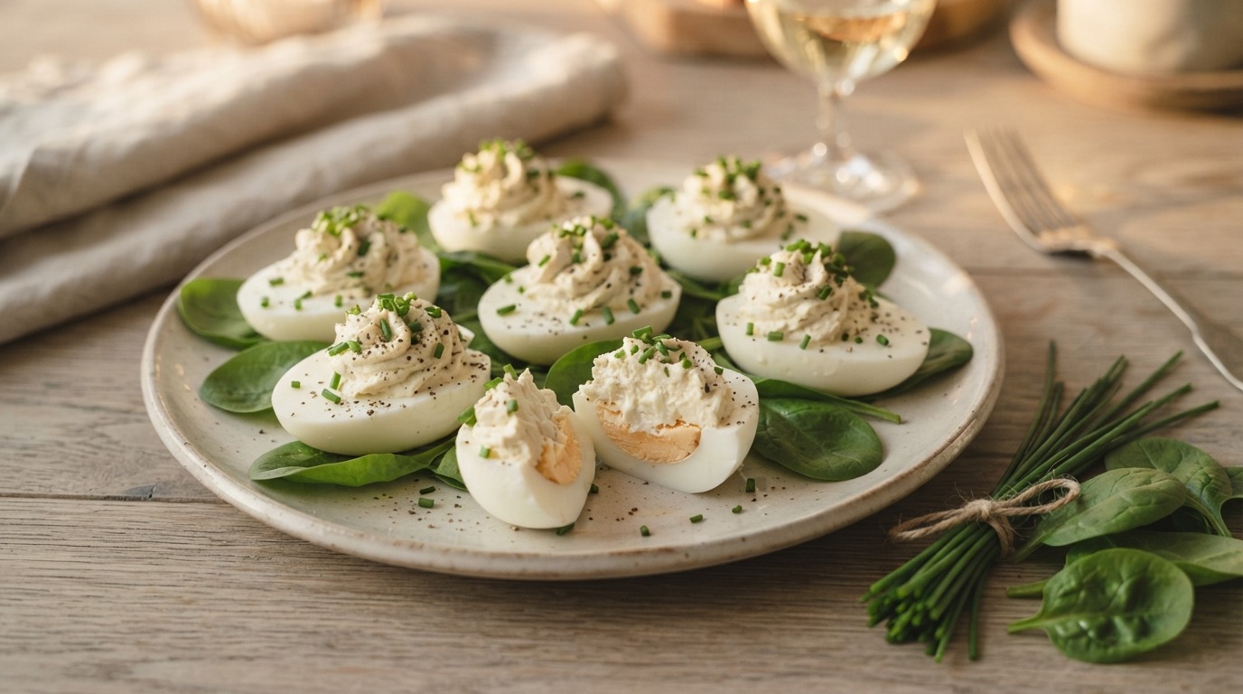 Gevulde Eitjes met Creme Fraiche en Bieslook