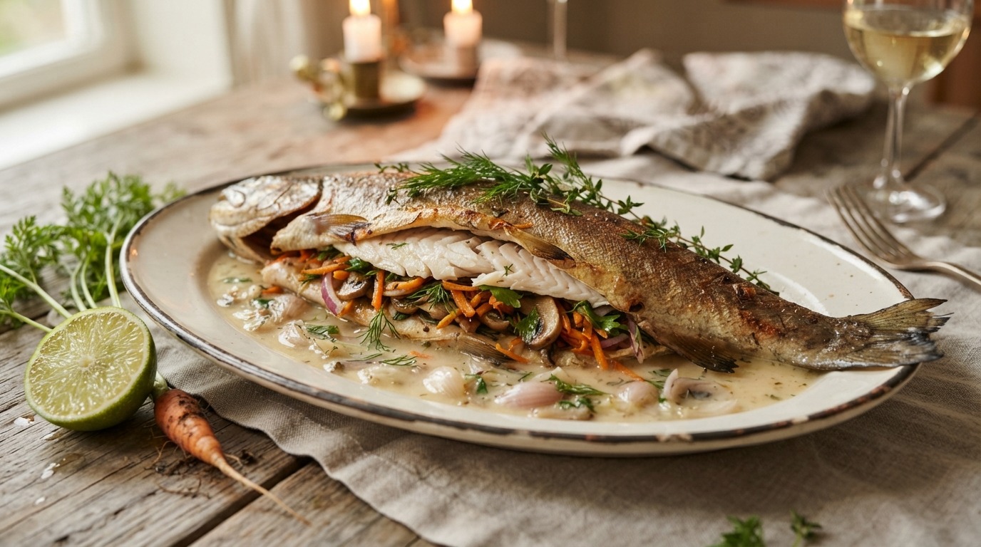 Gevulde forel met groenten en limoen