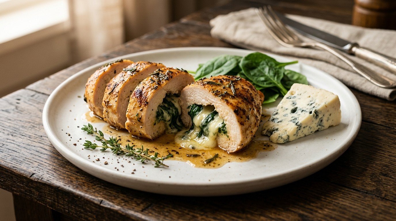 Gevulde kipfilet met spinazie en gorgonzola