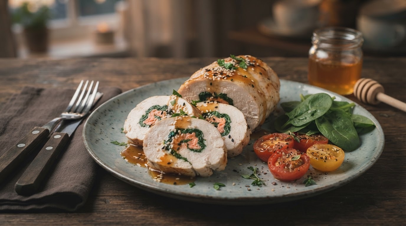 Gevulde kipfilet met spinazie, zalm en sesam honingsaus