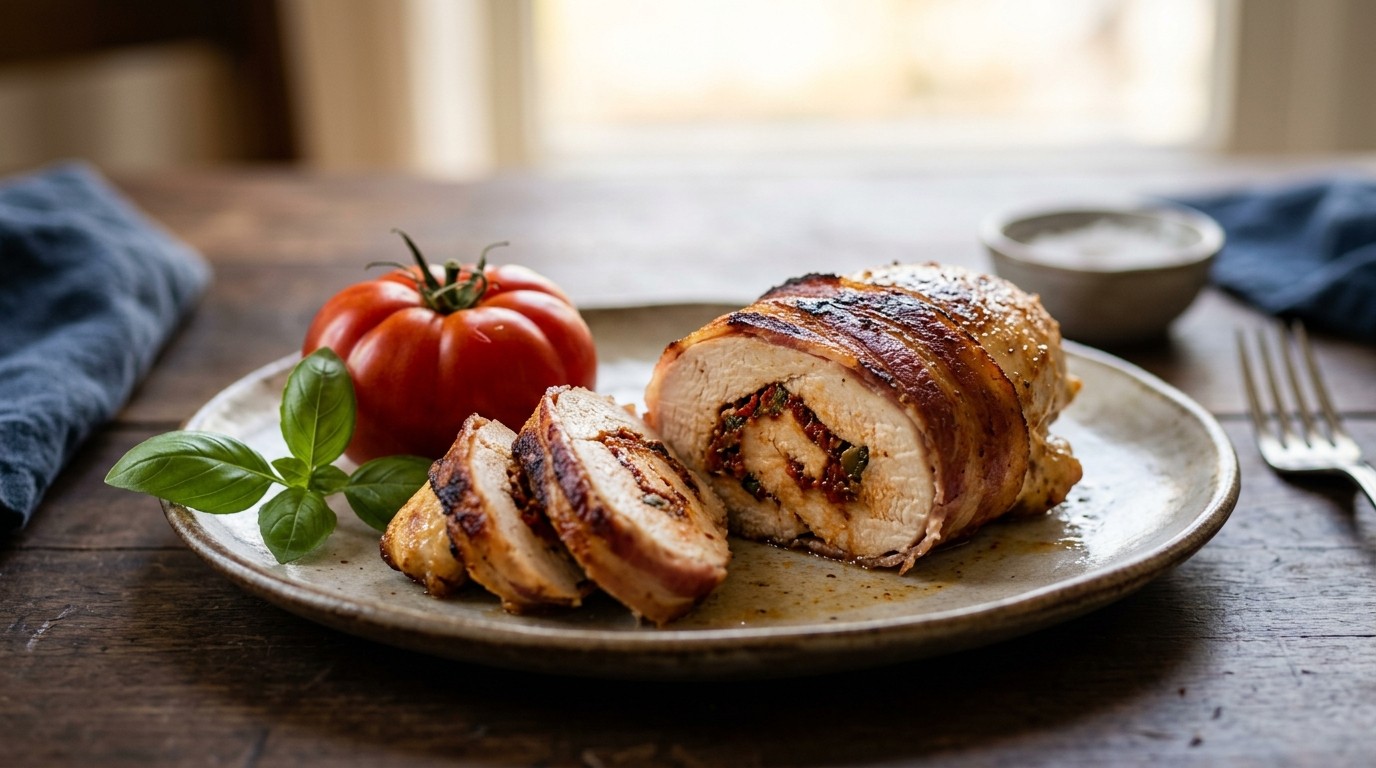 Gevulde Kipfilet met Tomatentapenade en Katenspek