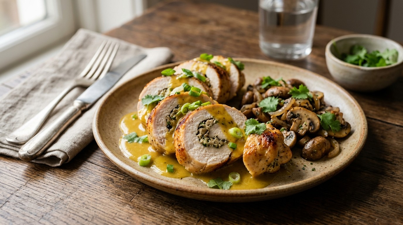 Gevulde Kipfilet met Uiensaus